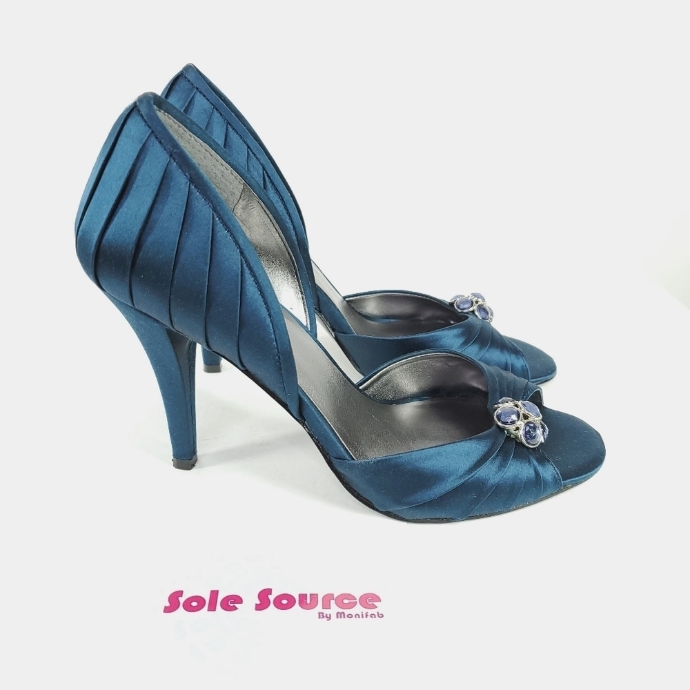 Nine West Joanne Pleated Satin Peep Toe D'Orsay Dress Pump Blue Women's sz 7